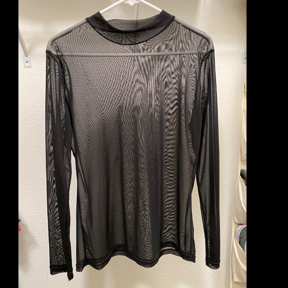 Black mesh long sleeves collared shirt